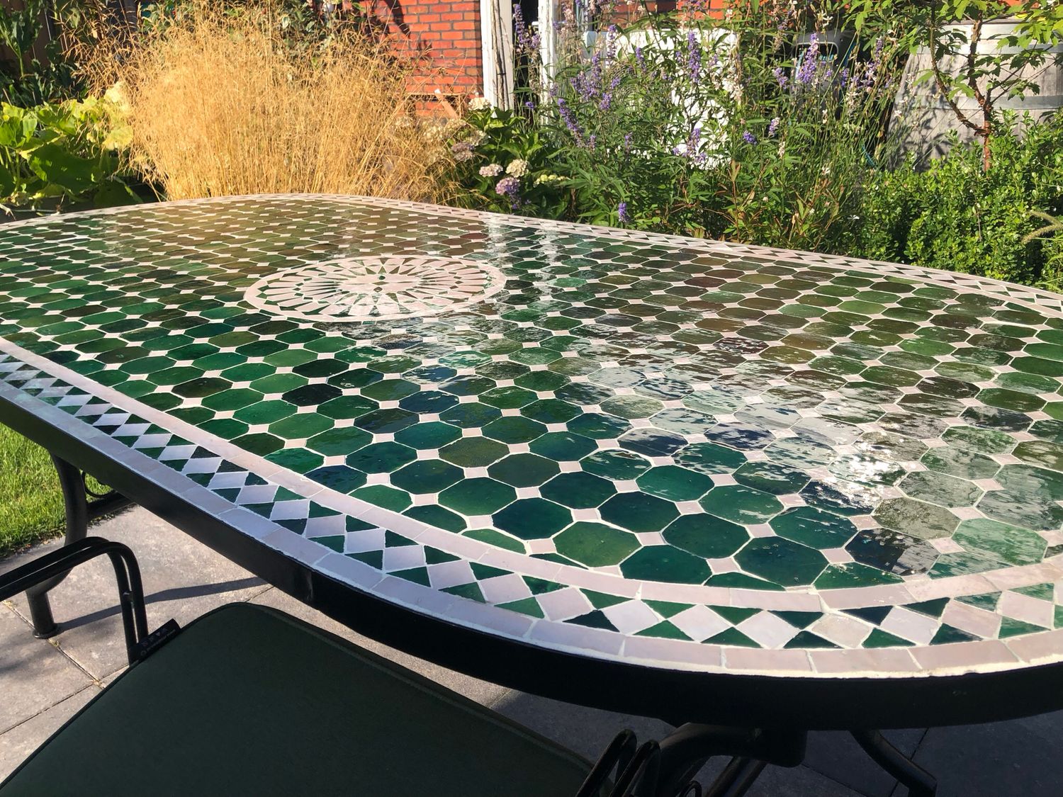 Marokkaanse Mozaiek tafel (blad) Met ROZET 200x100 cm Ovaal Tamegroute Groen-Creme / Lichtgewicht / 45 KG — detail 3