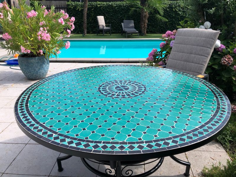 Marokkaanse Mozaiek tafel (blad) Met ROZET 140 cm Zeegroen-Zwart