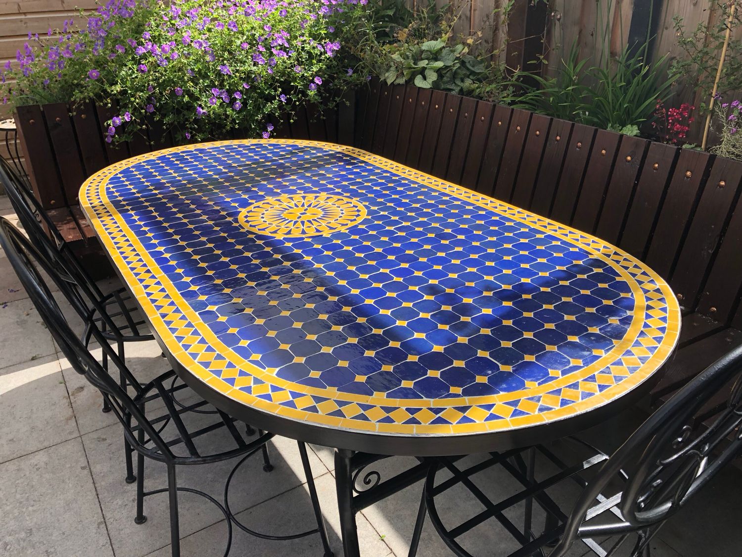 Marokkaanse Mozaiek tafel (blad) Met ROZET 200x100 cm Ovaal Blauw-Geel/ Lichtgewicht / 45 KG — detail 3