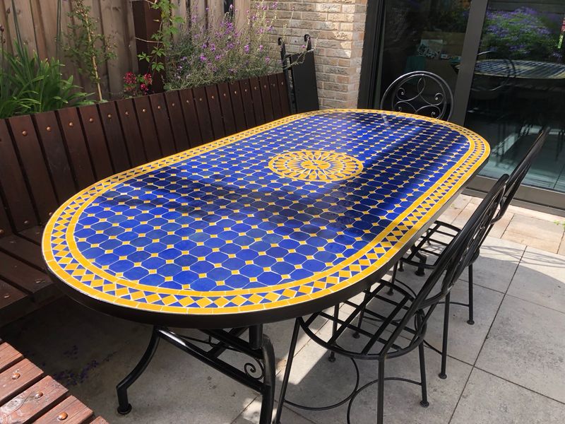 Marokkaanse Mozaiek tafel (blad) Met ROZET 200x100 cm Ovaal  Blauw-Geel/ Lichtgewicht  / 45 KG