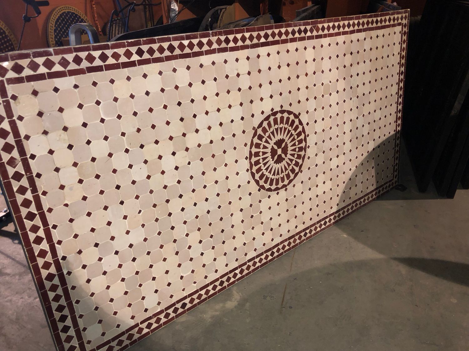 Marokkaanse Mozaiek tafel (blad) Met ROZET 200x100 cm Creme-Bordeauxrood / Lichtgewicht  / 50 KG