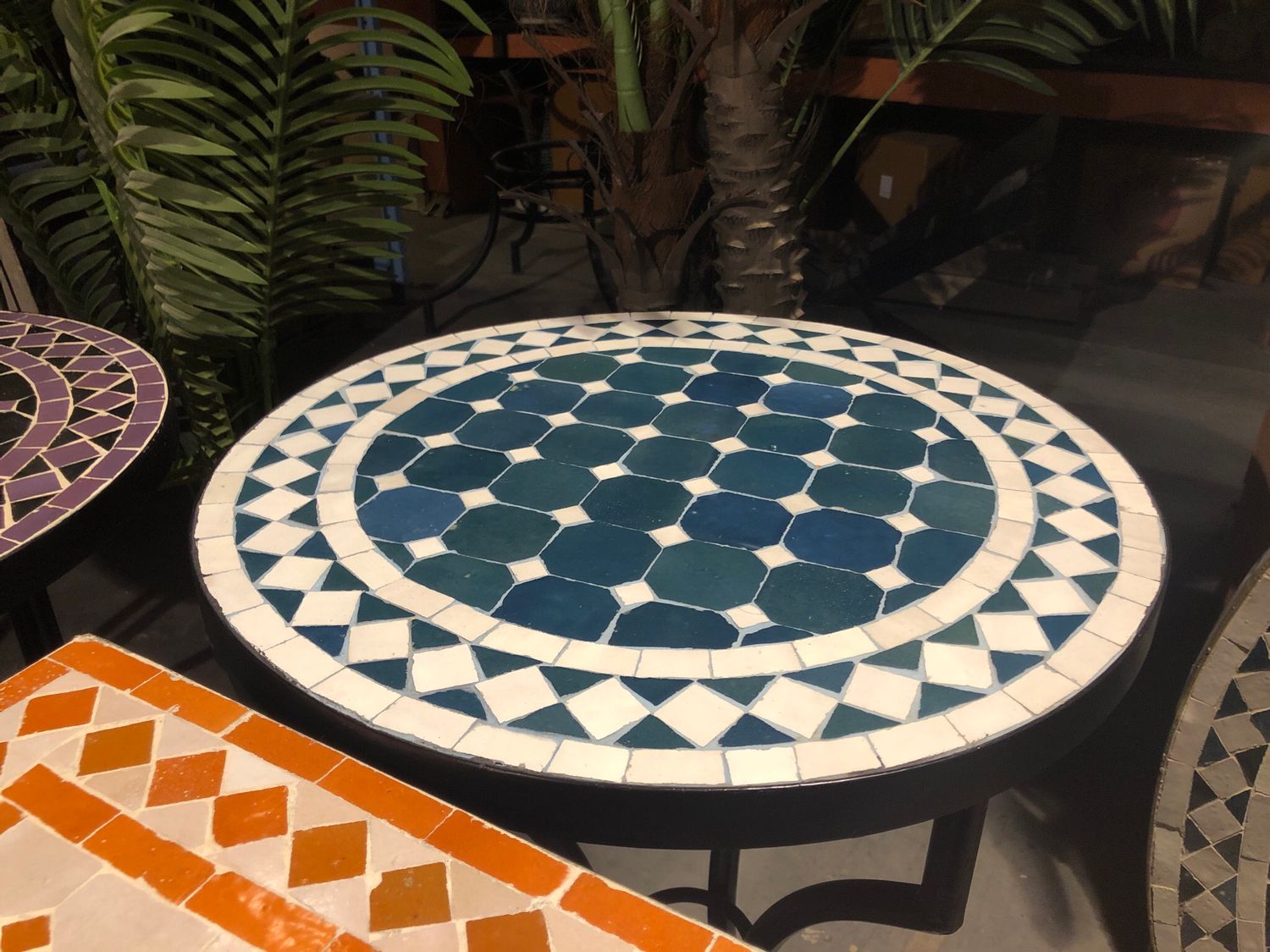 Marokkaanse Mozaiek tafel (blad) 50 cm Petrolblauw-Wit Handgemaakt