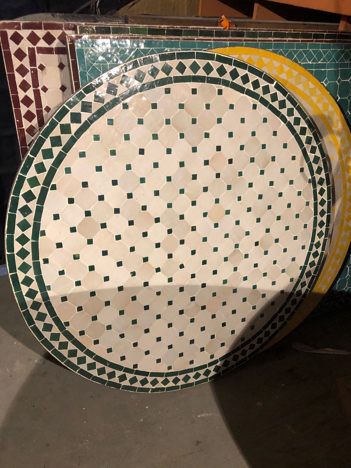 Marokkaanse Mozaiek tafel (blad) 100 cm Creme-Groen Handgemaakt