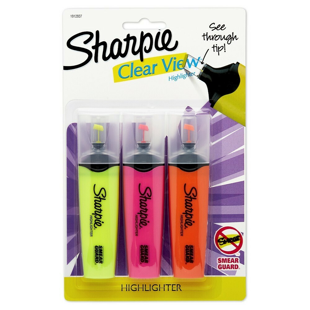 Sharpie Clear View Highlighters, 3-Pack, Yellow, Pink and Orange