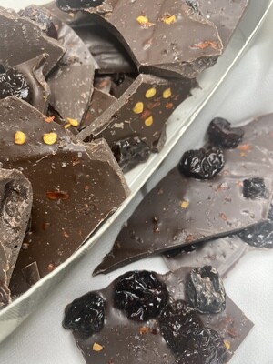Box of Chili Pepper Chocolate Bark with Dried Cherries