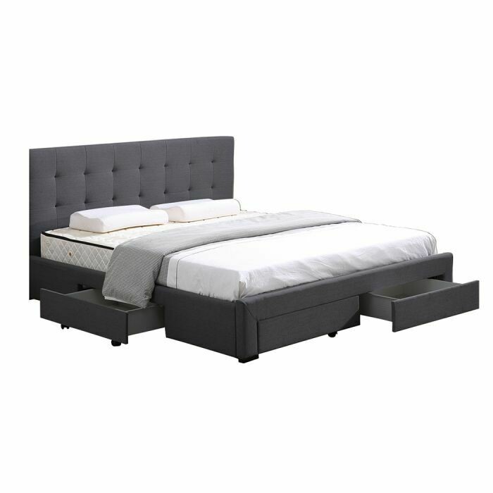 SAMPLE. Black TankLevede Bed Frame Base With Storage Drawer Mattress Wooden Fabric Queen Dark Grey