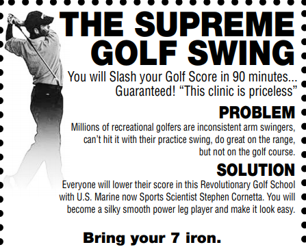 The Villages Lake Sumter Waterfront Inn Mon Mar 4th @ 11am Supreme Golf Swing 90 Min Friend Free and your 7 Iron Arrive 20 min early Lake Sumter Landing 1105 Lakeshore Dr