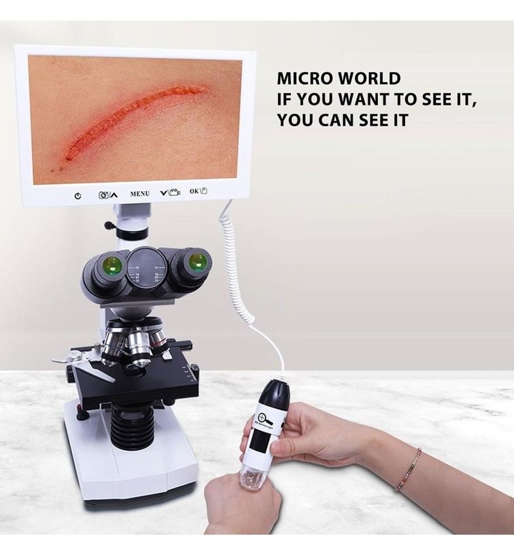 Microscopio binocular con camara y pantalla integrales y cuatro objetivos luz LED diafragma e incluye un dermatoscopio digital precio