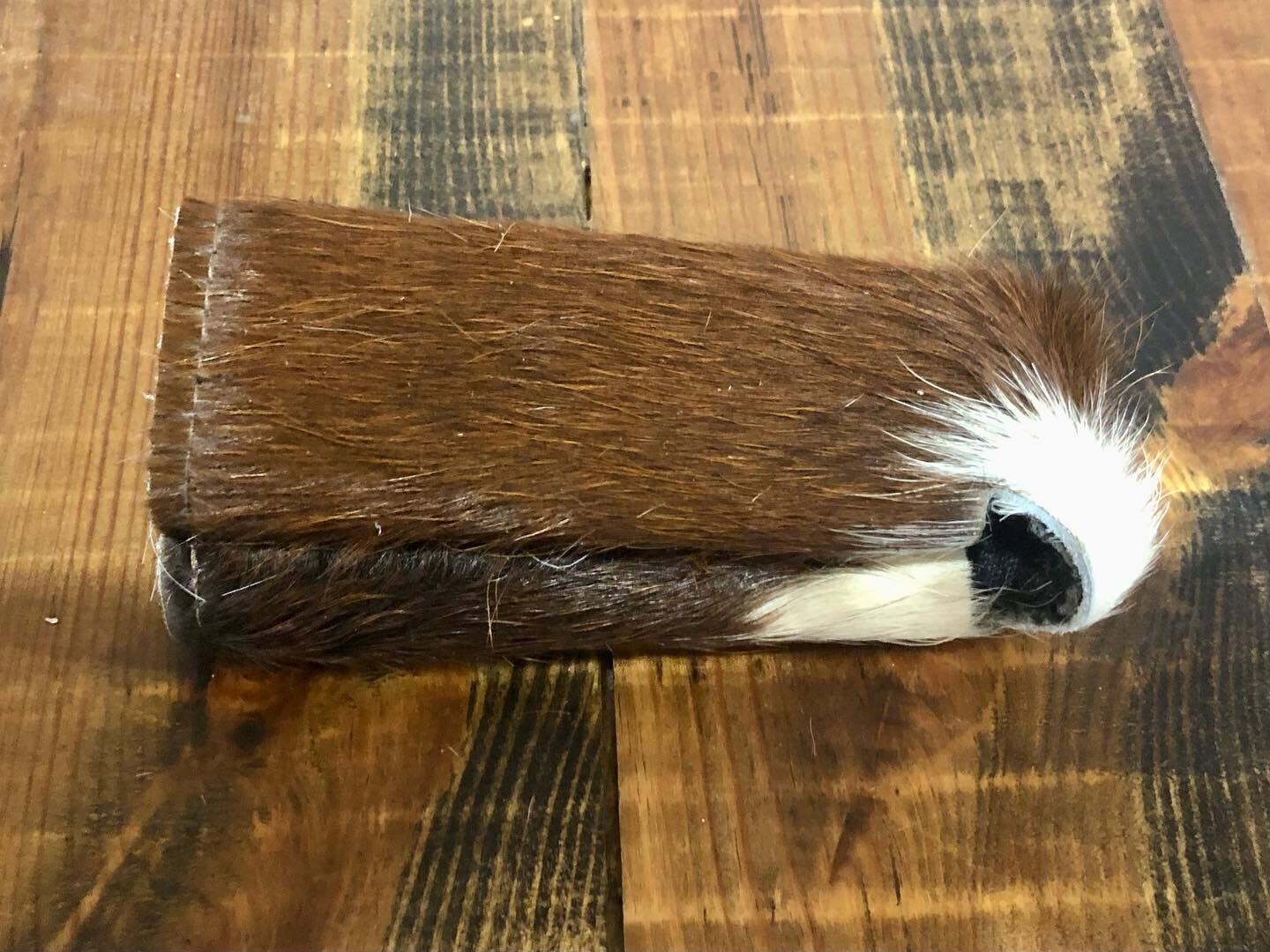 Skinny Can Cowhide Koozie- Brown &amp; White