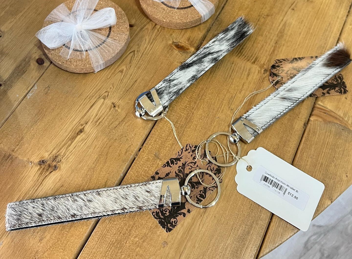 Cowhide Keychain Wristlet Brown &amp; White