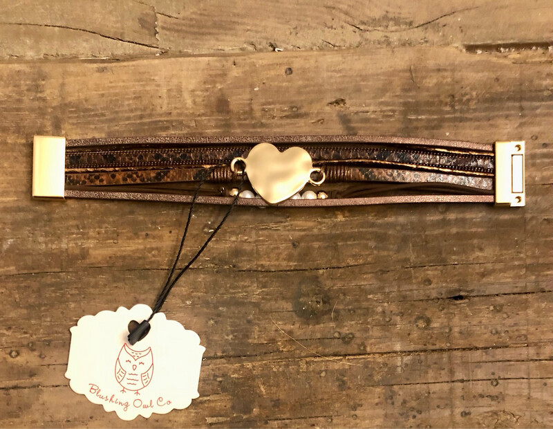 Heart and Pearls Leather Magnetic Brown Bracelet