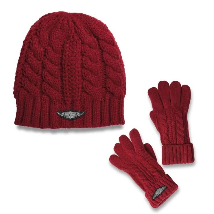 Harley-Davidson Damen Silver Wing Knit Hat & Glove Set Red Cabernet
