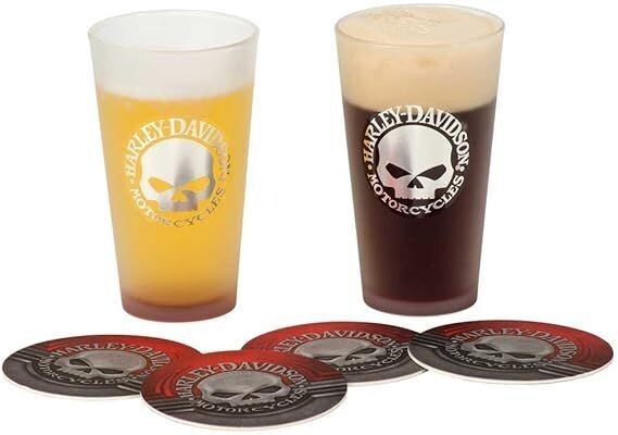Harley-Davidson Gläser und Untersetzer Set "Skull Pint Glam Set"