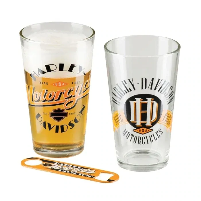 Harley-Davidson Glas und Flaschenöffner Set "Ride Free"