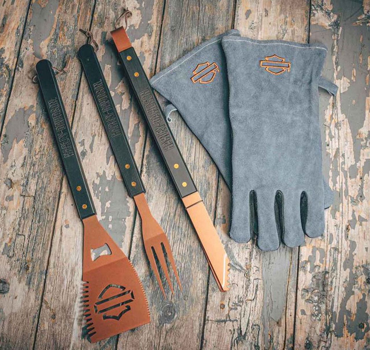 Harley-Davidson Grillbesteck mit Handschuhen, Edelstahl-Grillbesteck 5-teilig