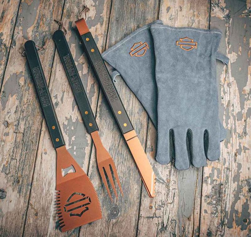 Harley-Davidson Grillbesteck mit Handschuhen, Edelstahl-Grillbesteck 5-teilig