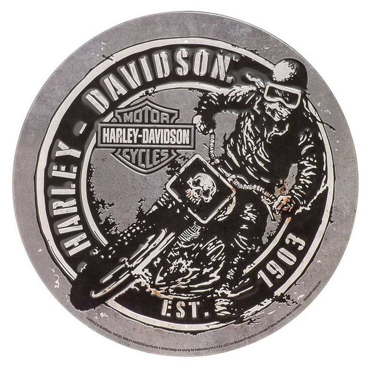 Harley-Davidson geprägtes rundes Zinnschild, Dirt Track Racer Logo