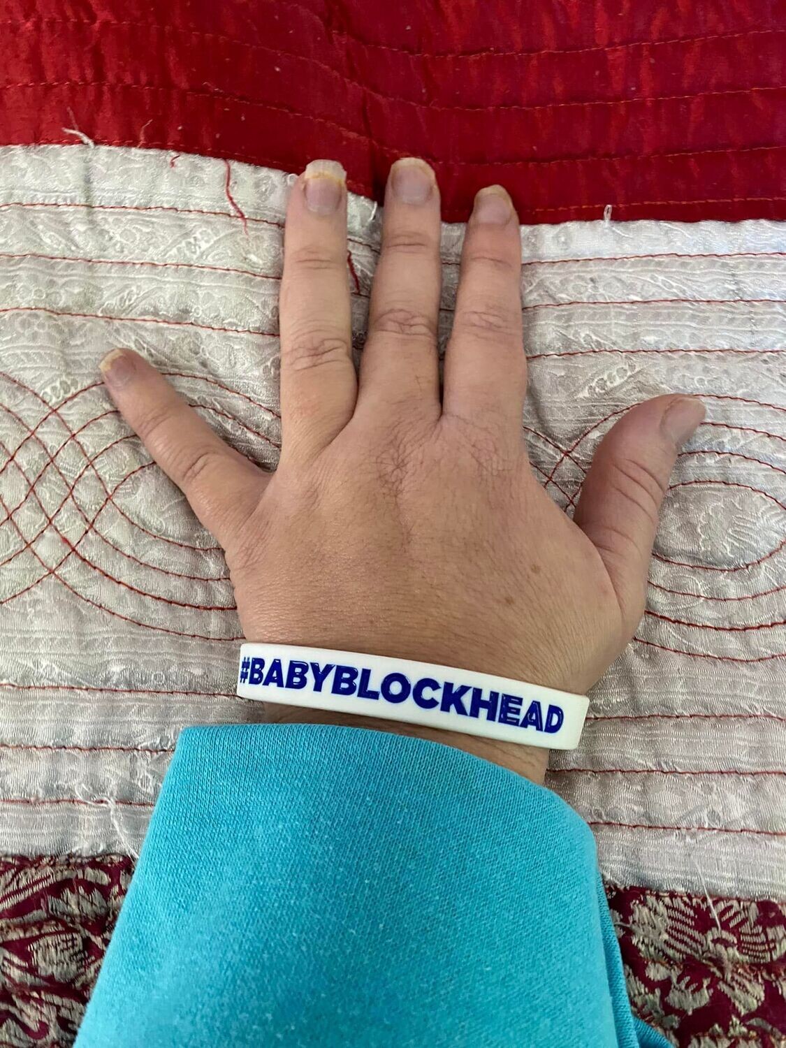  #BABYBLOCKHEAD Wristbands In White Colour &amp; Blue Text