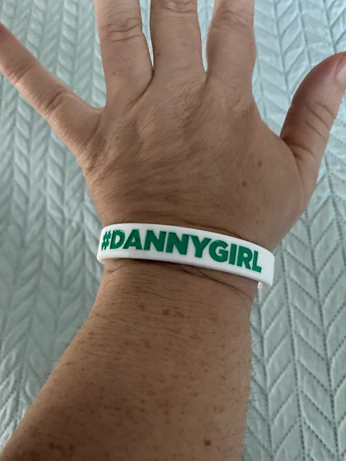 #DANNYGIRL Wristbands White Colour &amp; Green Text