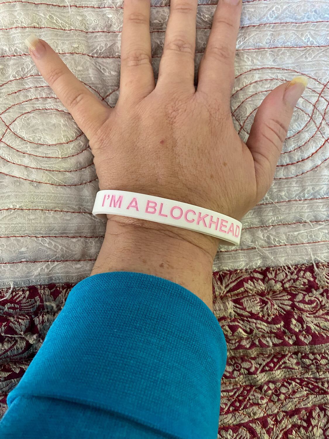 I&#39;M A BLOCKHEAD Wristbands Pink Text