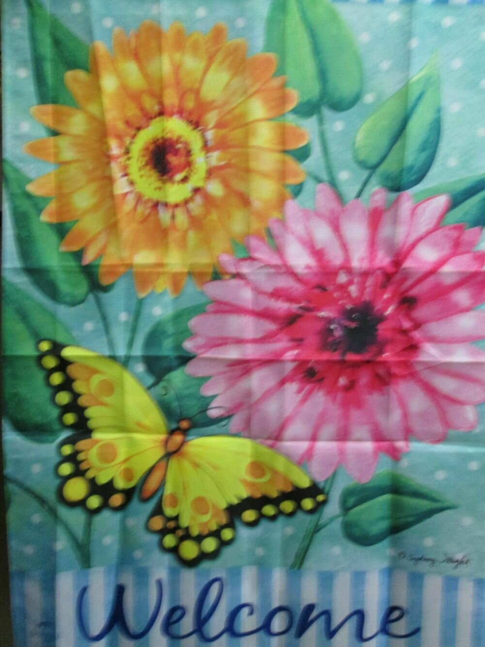 House Banner - Orange &amp; Pink Zinnias &amp; Butterflies Approx 28 x 40 inches