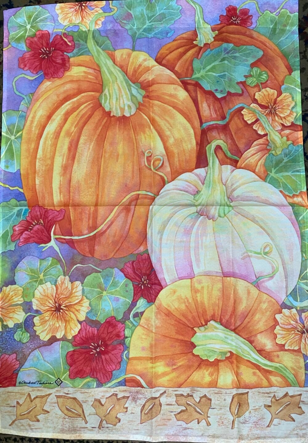 House Banner - White and Orange Pumpkins &amp; Nasturtiums Approx 28 x 40 inches