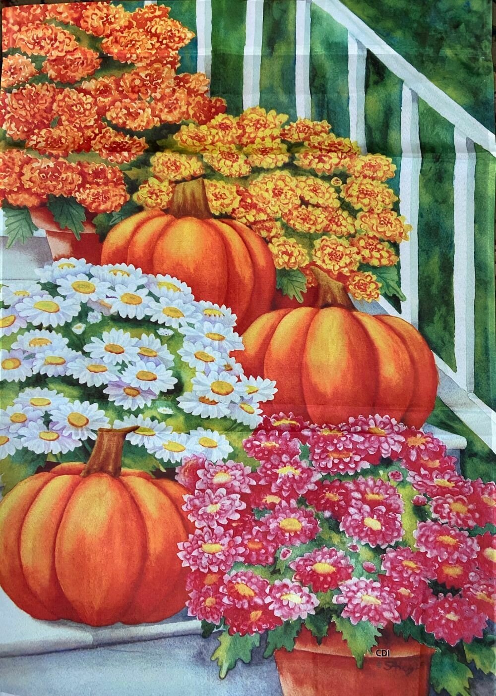 House Banner - Pumpkins &amp; Flowers on Steps Approx 28 x 40 inches