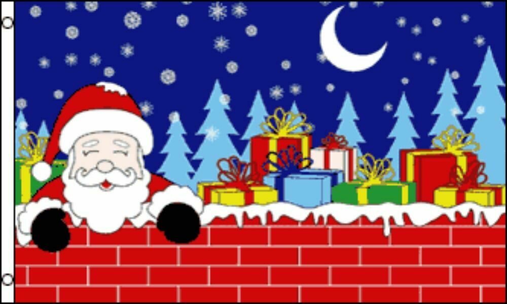 Christmas-Santa On Chimney With Presents 3x5 ft Satin Polyester