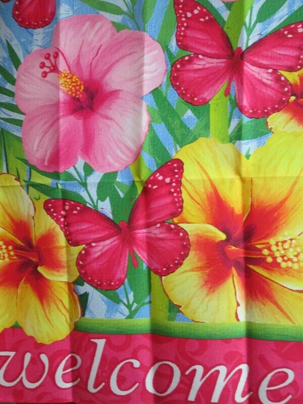 House Banner - Pink Butterflies &amp; Flowers Approx. 28 x 40 inches