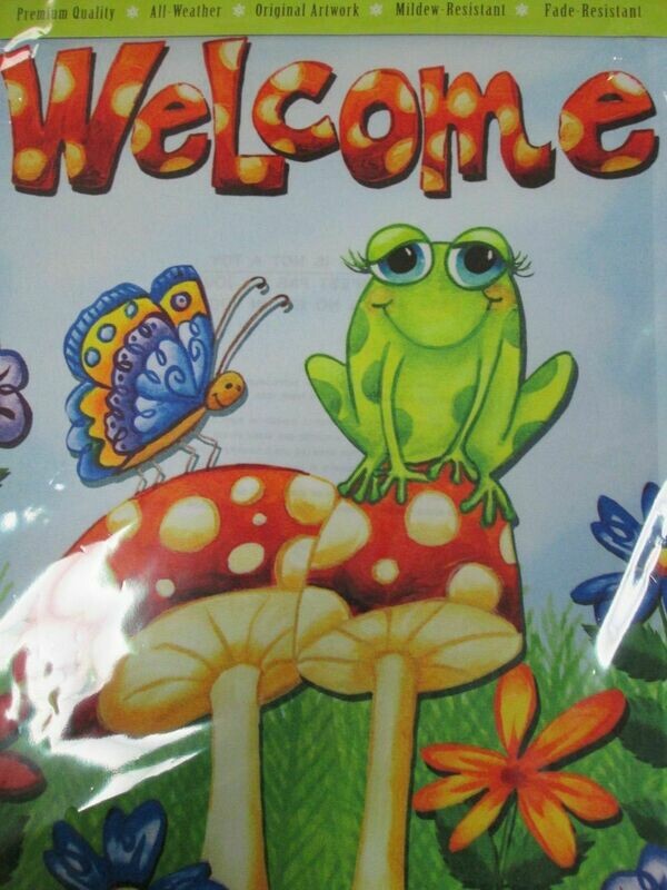Garden Banner - Welcome Mushroom &amp; Frog Approx 11 x 17 inches