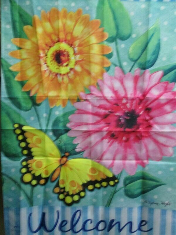 House Banner - Orange &amp; Pink Zinnias &amp; Butterflies Approx 28 x 40 inches