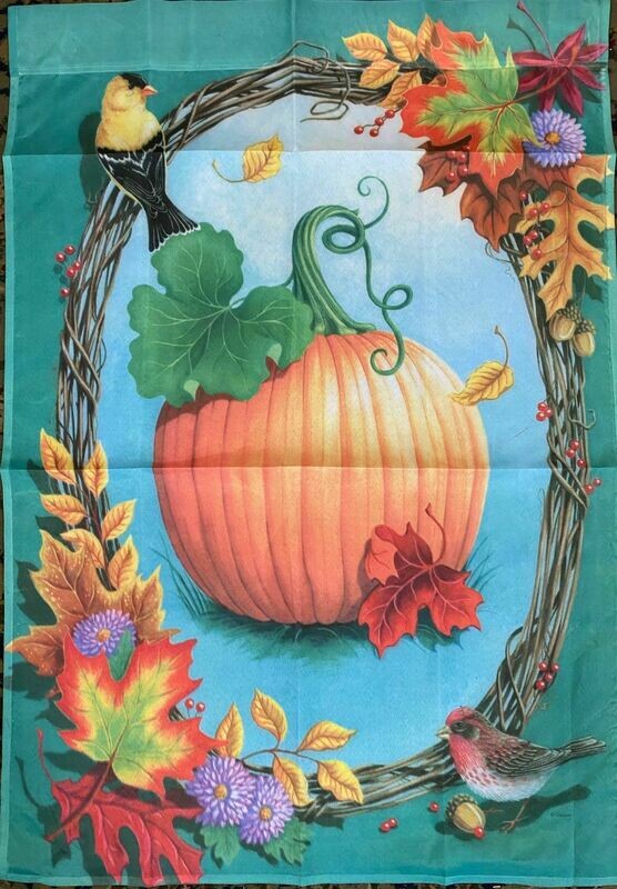 House Banner - Birds and Leaves Fall Wreath &amp; Pumpkin Approx 28 x 40 inches