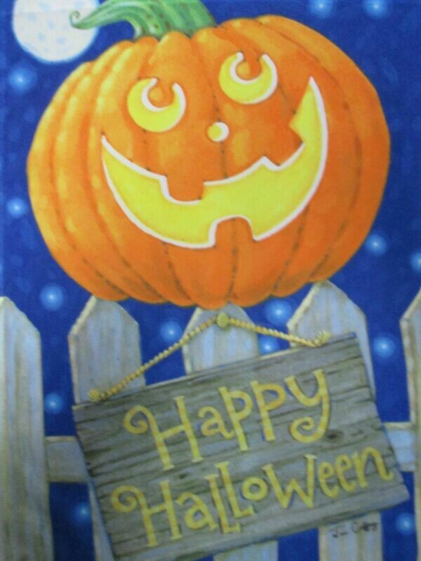 Garden Banner - Pumpkin Smiling On Fence Approx 11 x 17 inches