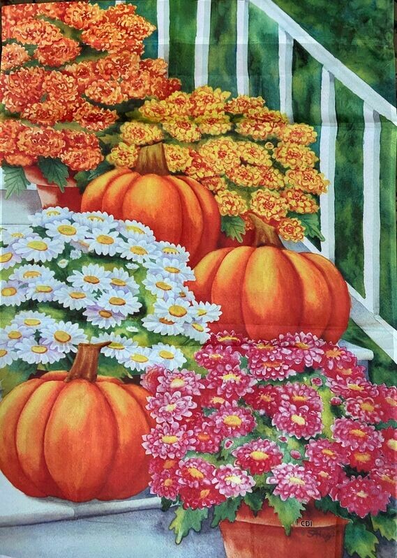 House Banner - Pumpkins &amp; Flowers on Steps Approx 28 x 40 inches