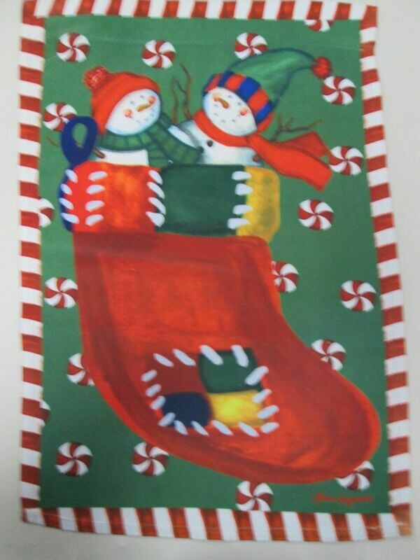 Garden Banner - Jolly Snowmen In Stocking - Approx 11 x 17 inches
