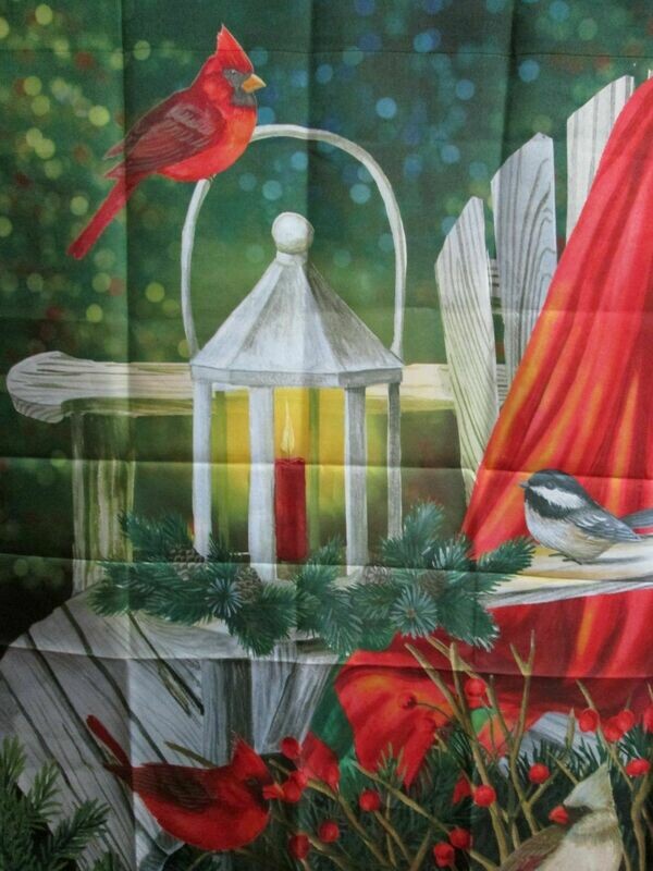 Garden Banner - Cardinal On Chair with Lantern and Red Drape Approx 11 x 17 inches