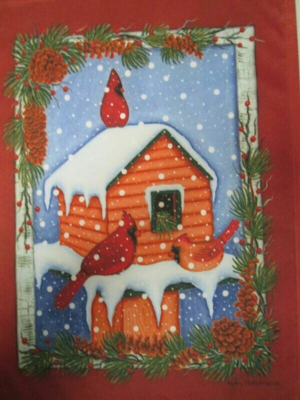 Garden Banner - Cardinals On Snowy Branch &amp; Cabin - Approx 11 x 17 inches
