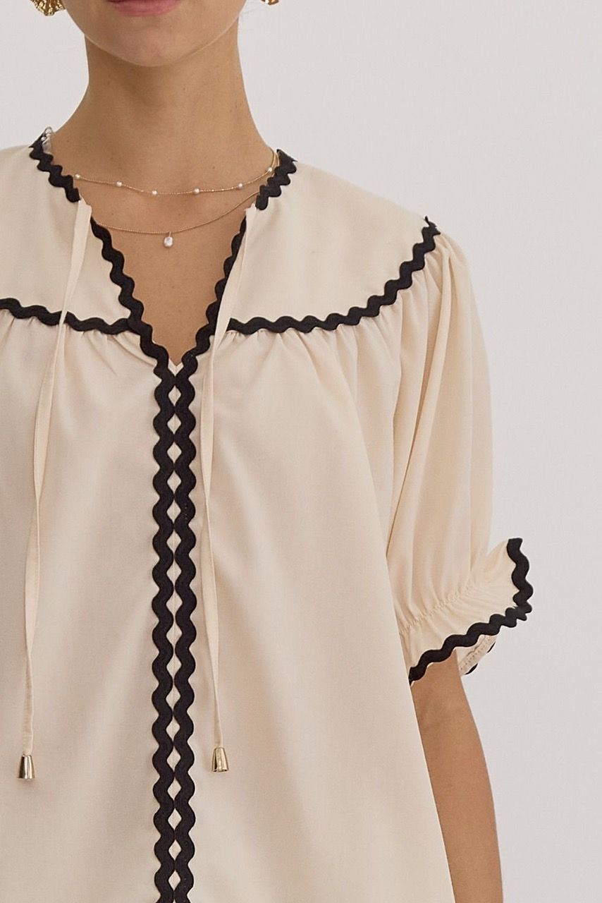 V-Neck Puff Sleeve Top with Ric Rac Trim - Ecru