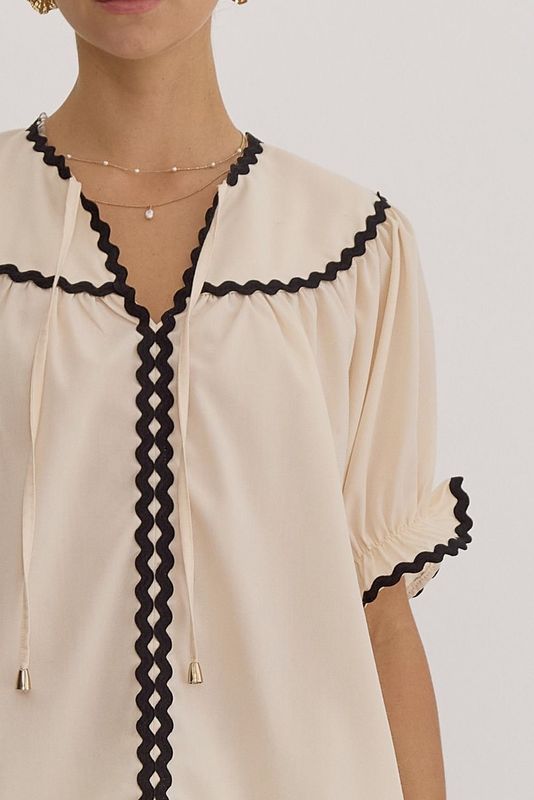 V-Neck Puff Sleeve Top with Ric Rac Trim - Ecru