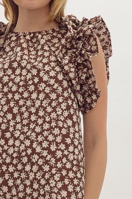 Ruffle Floral Jacquard Tank - Chocolate