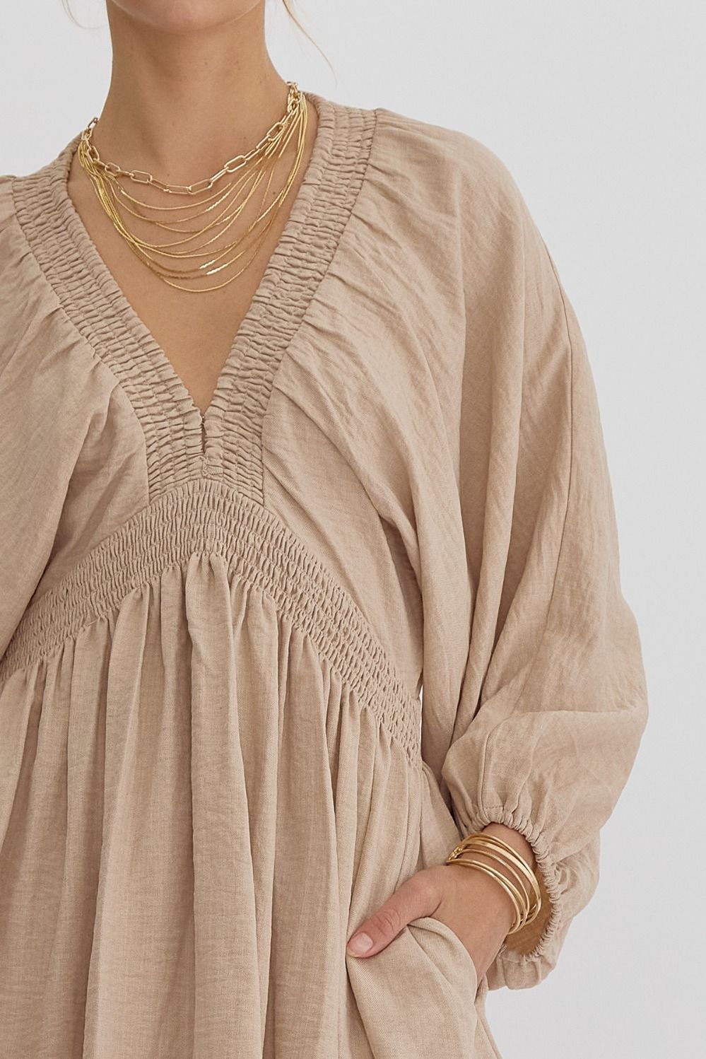 Textured 3/4 Sleeve Mini Dress - Oatmeal