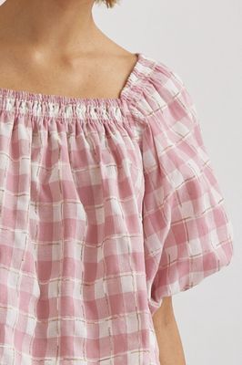 Gingham Square Neck Puff Sleeve Top - Pink