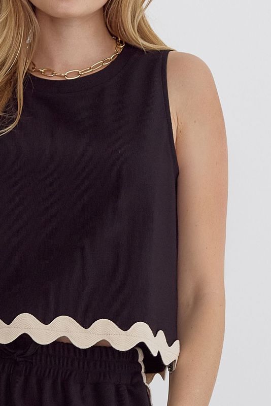 Ric Rac Round Neck Tank - Black