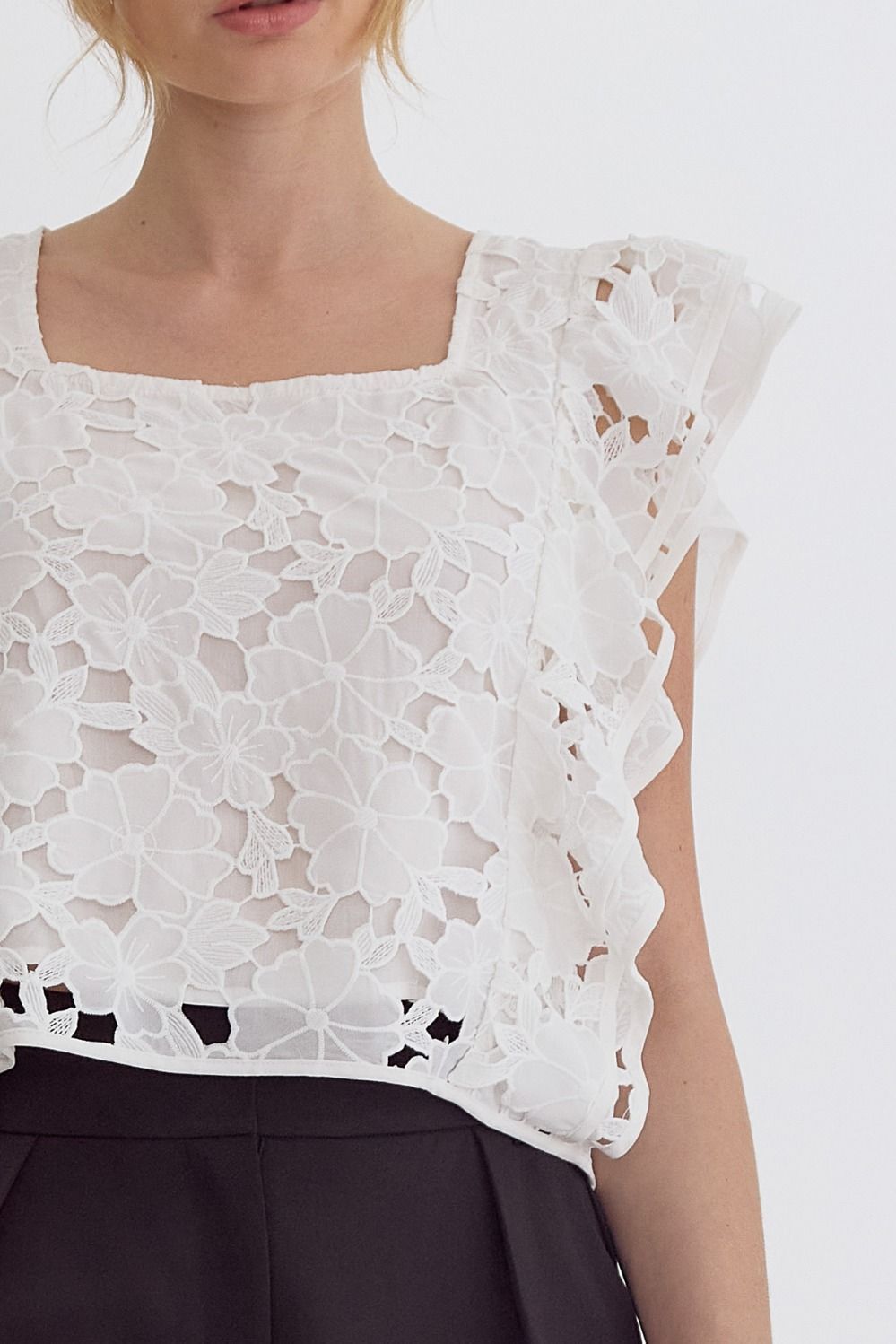 Lace Floral Square Neck Tank - Off White