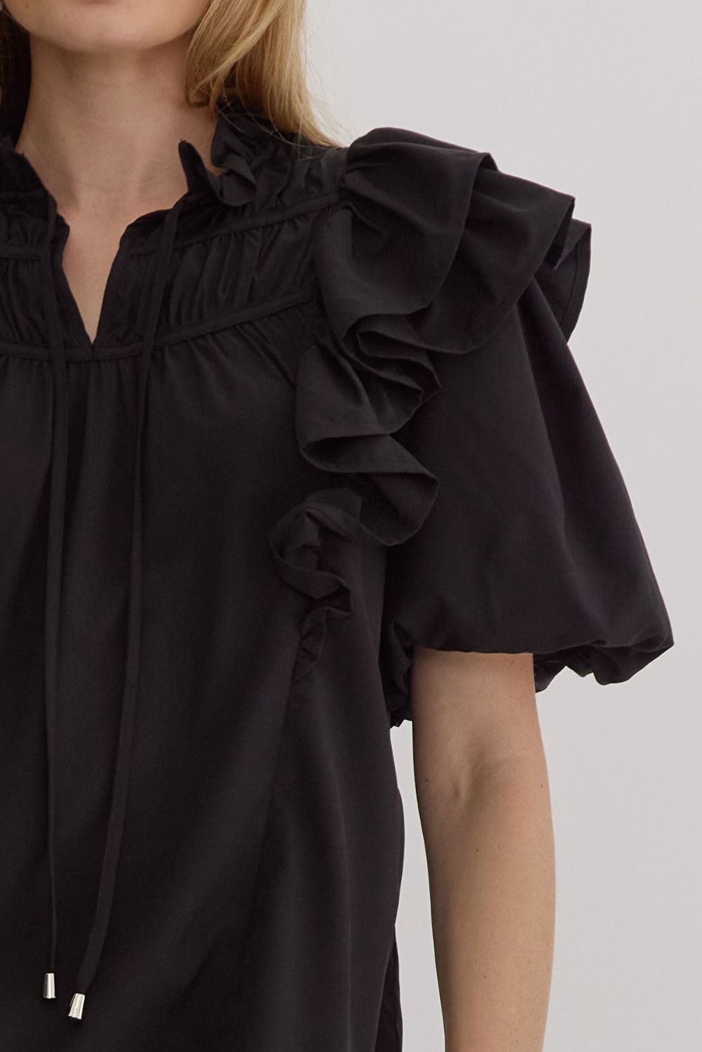 Bubble Sleeve Ruffle Top - Black