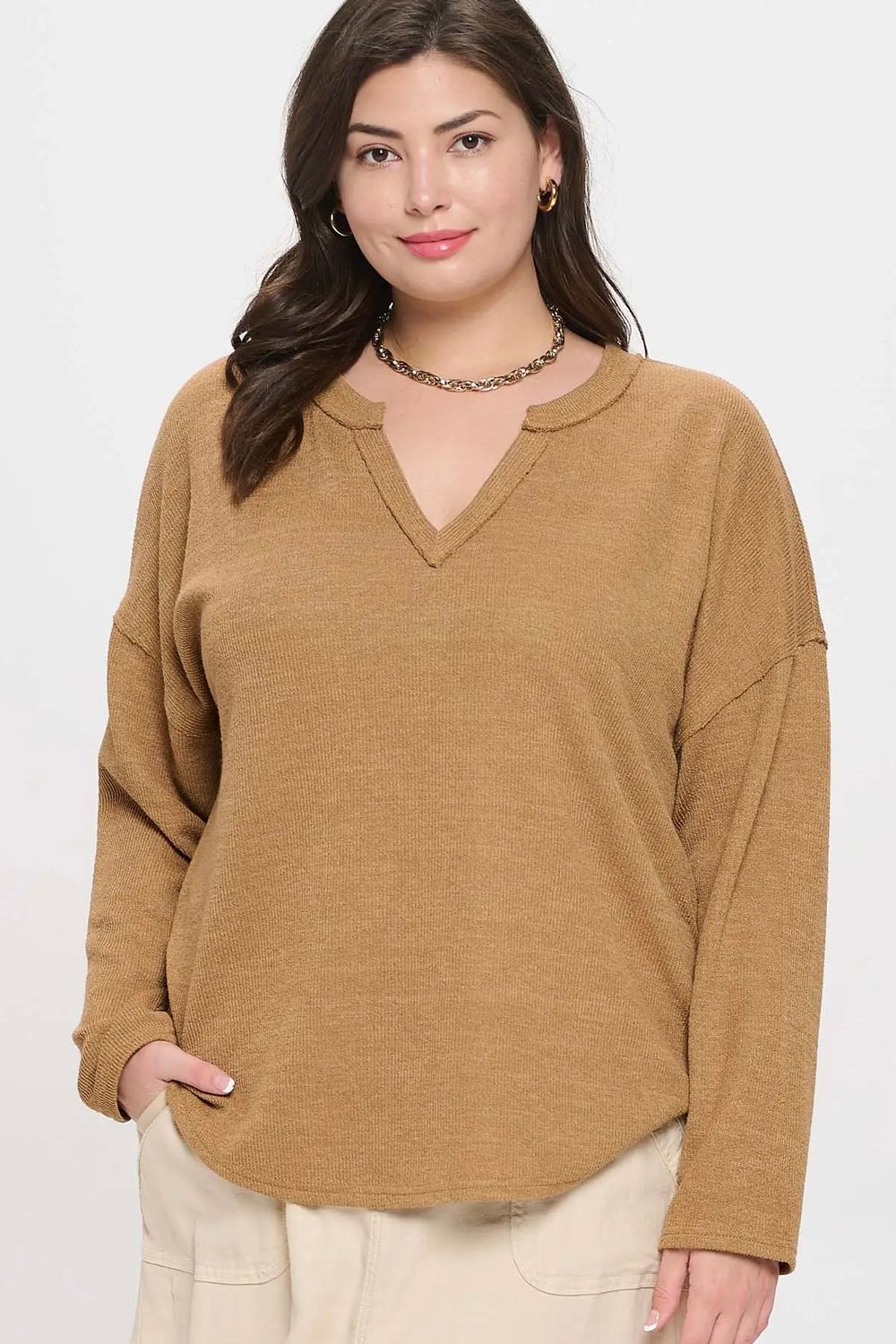 Plus Long Sleeve Notch Neck Top - Almond