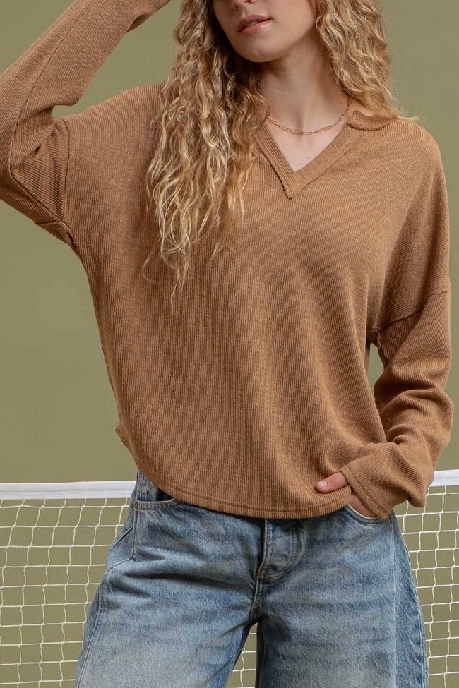 Long Sleeve Notch Neck Top - Almond