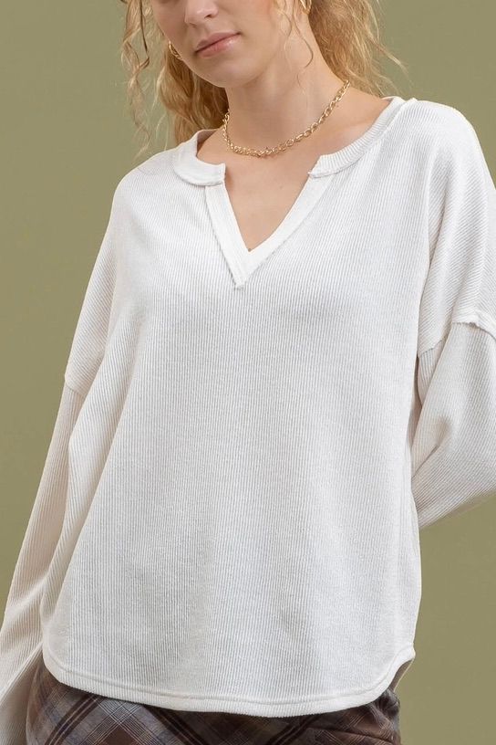 Long Sleeve Notch Neck Top - Cream