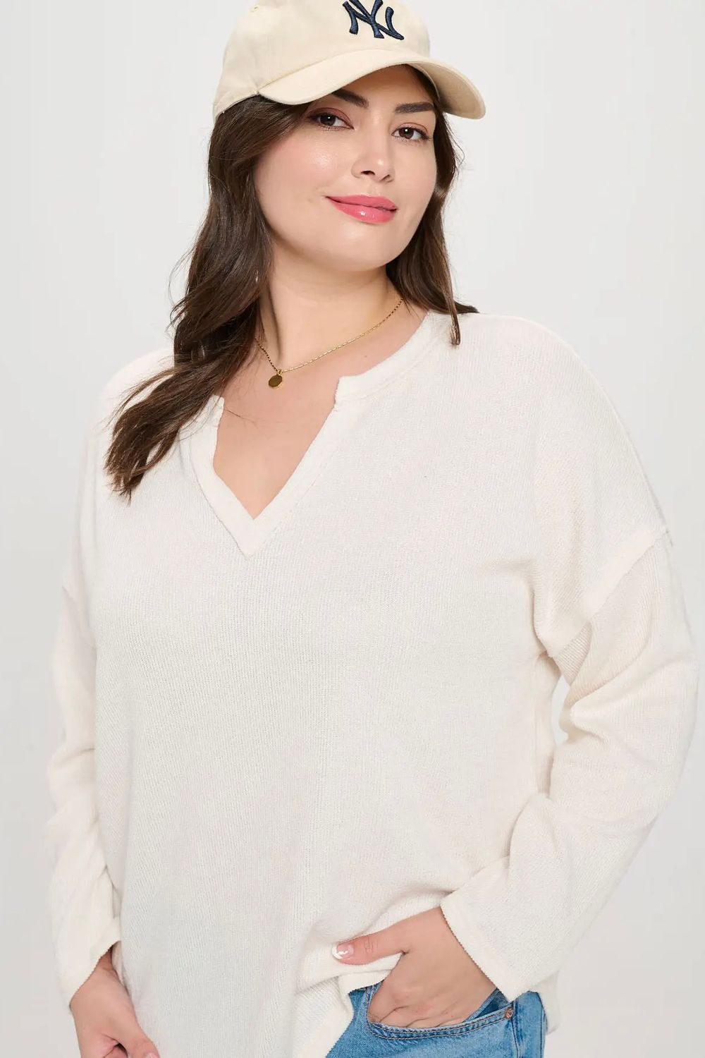 Plus Long Sleeve Notch Neck Top - Cream