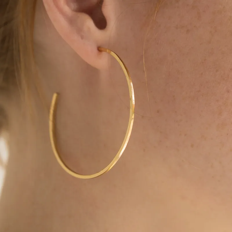 Thin Hammered Hoop Earrings - Gold
